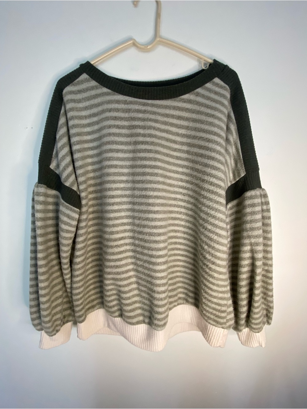Striped Puff-Sleeve Sweater in Olive & Cream